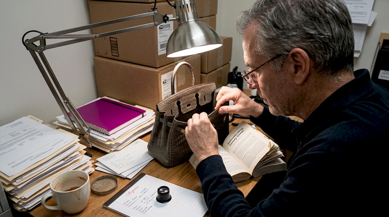 Consignment expert authenticating luxury handbag