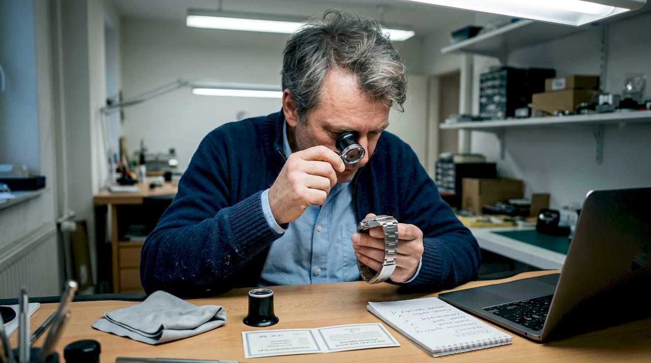 Ein Fachmann prüft eine Luxusuhr auf ihre Echtheit.