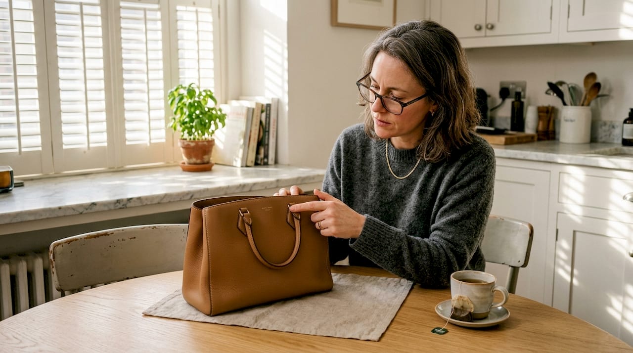 Eine Frau begutachtet zu Hause ihre exklusive Designertasche.
