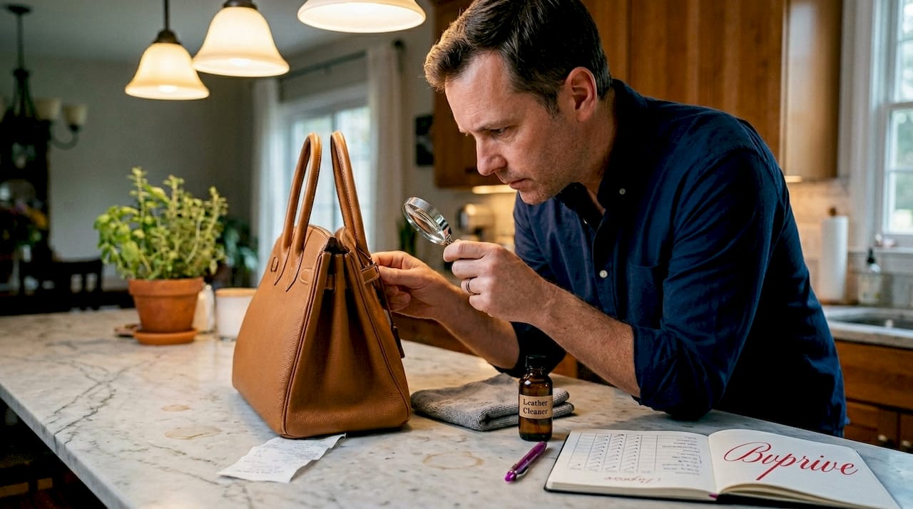 Man inspecting and grading luxury handbag