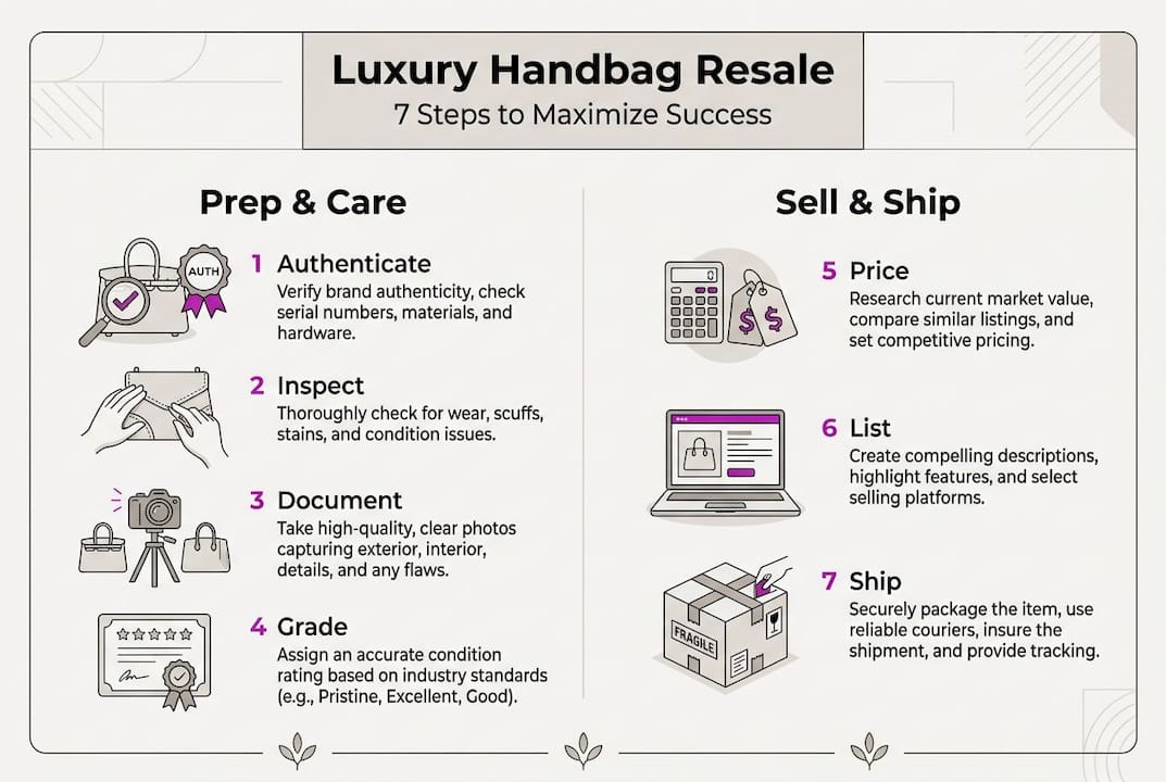 Infographic outlining luxury handbag resale steps