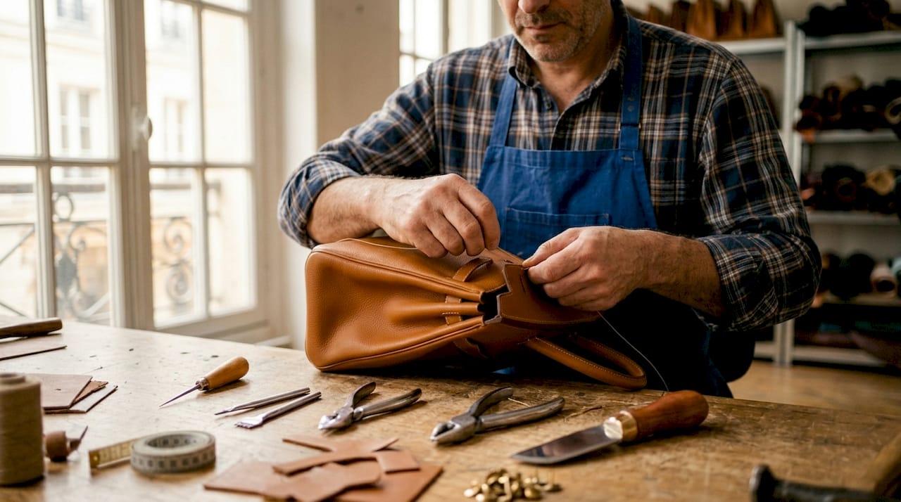 Ein Handwerksmeister stellt an seiner Werkbank eine exklusive Hermès-Tasche in liebevoller Handarbeit her.