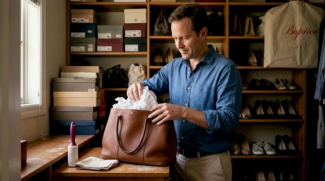 Man organizing luxury bags in home closet