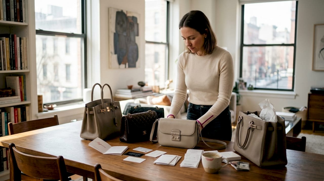 Woman sorting designer handbags in sunlit apartment