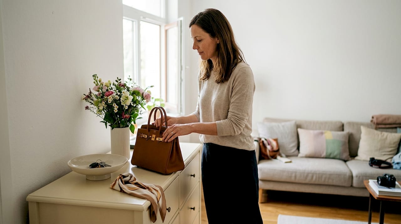 Eine Frau stellt ihre Designerhandtasche auf die Kommode.