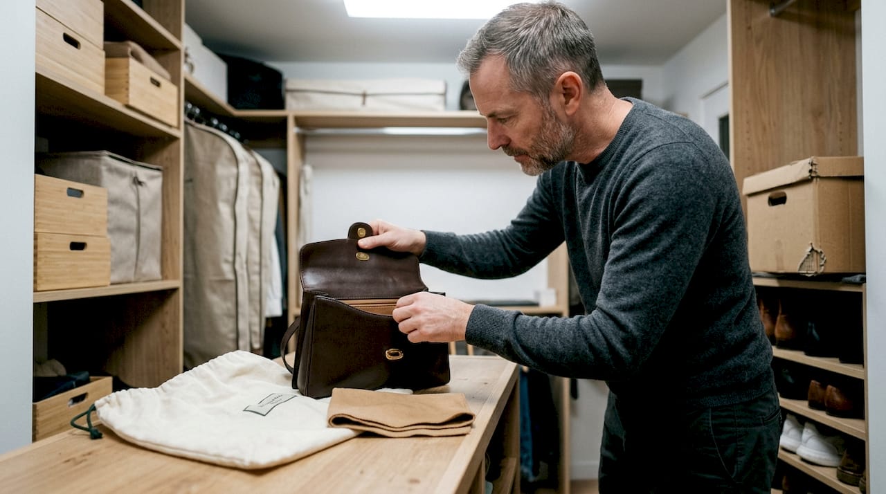 Ein Mann wirft einen Blick in seine Handtasche, die im Kleiderschrank steht.