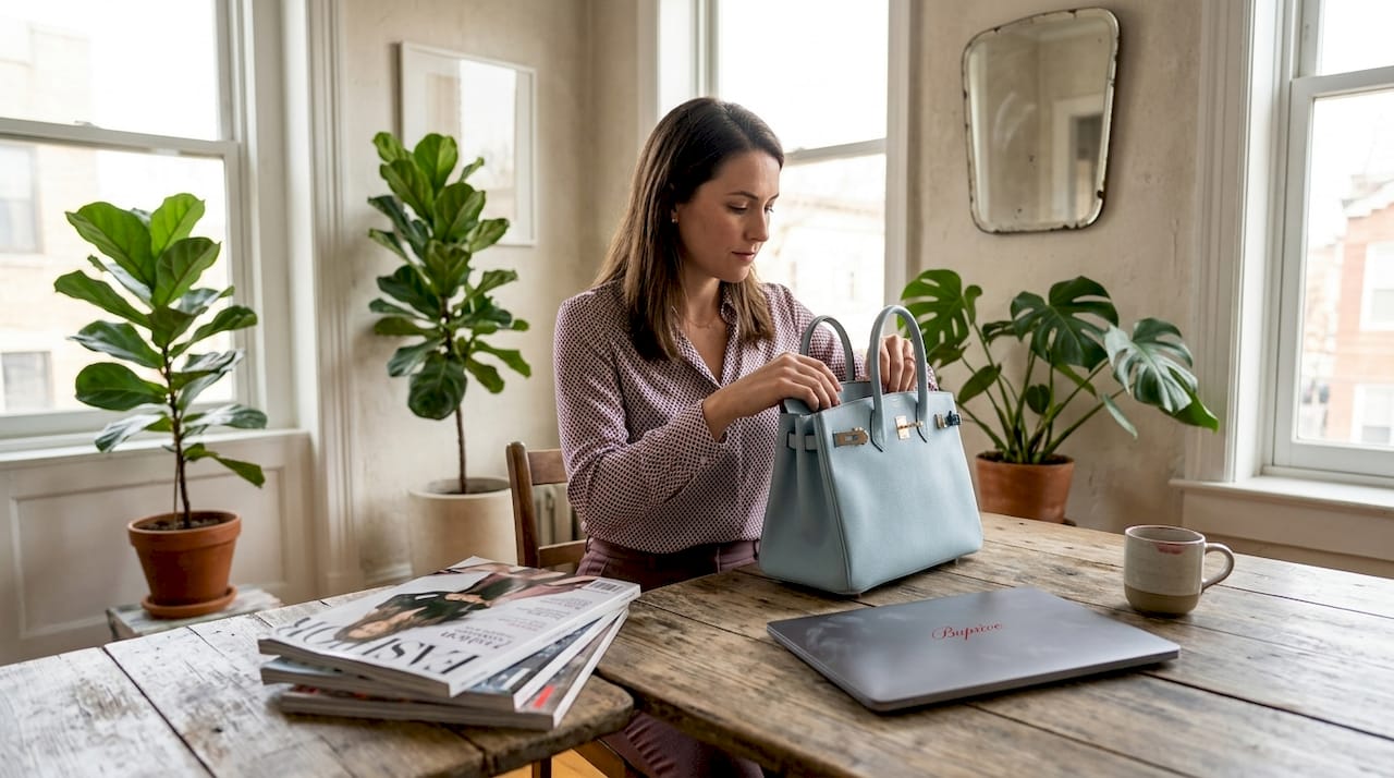 Woman with rare designer bag at home table