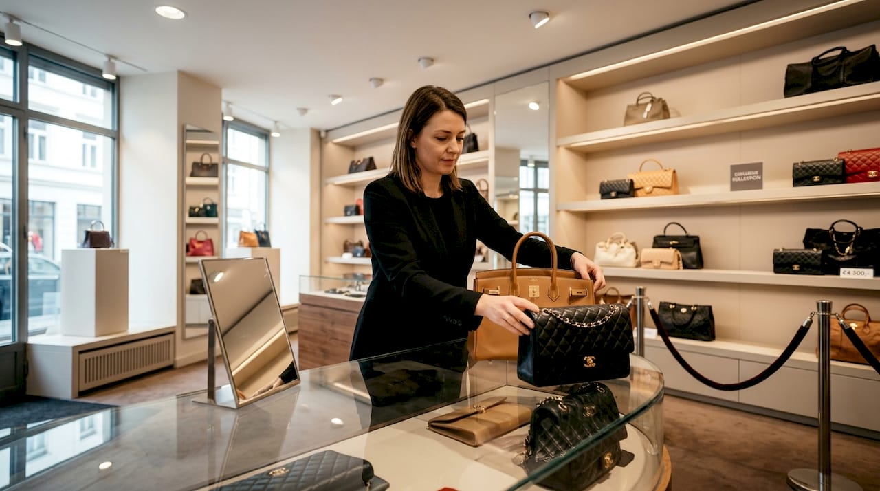 Eine Mitarbeiterin der Boutique präsentiert exklusive Handtaschen stilvoll im Verkaufsraum.
