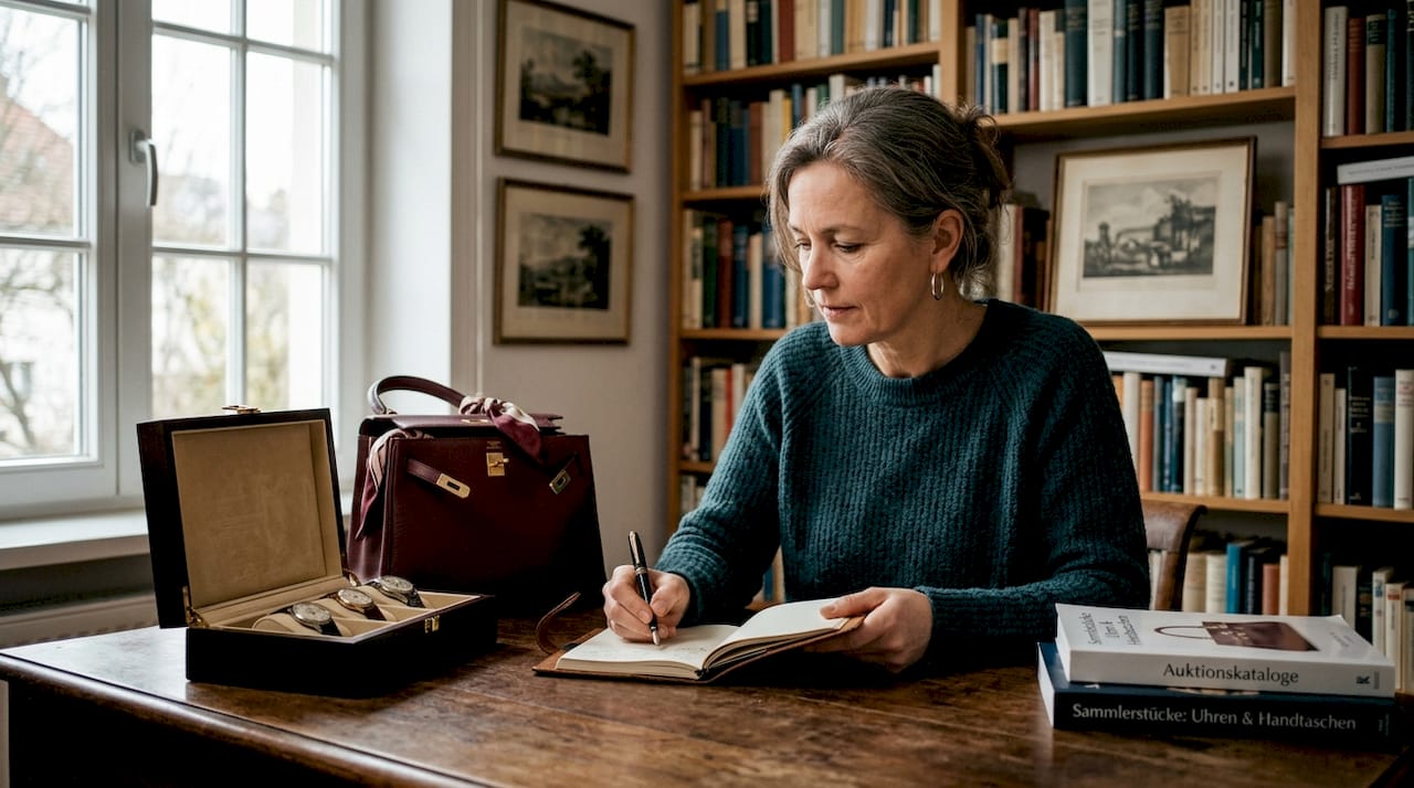 Eine Frau testet und bewertet exklusive Handtaschen und Luxusuhren.