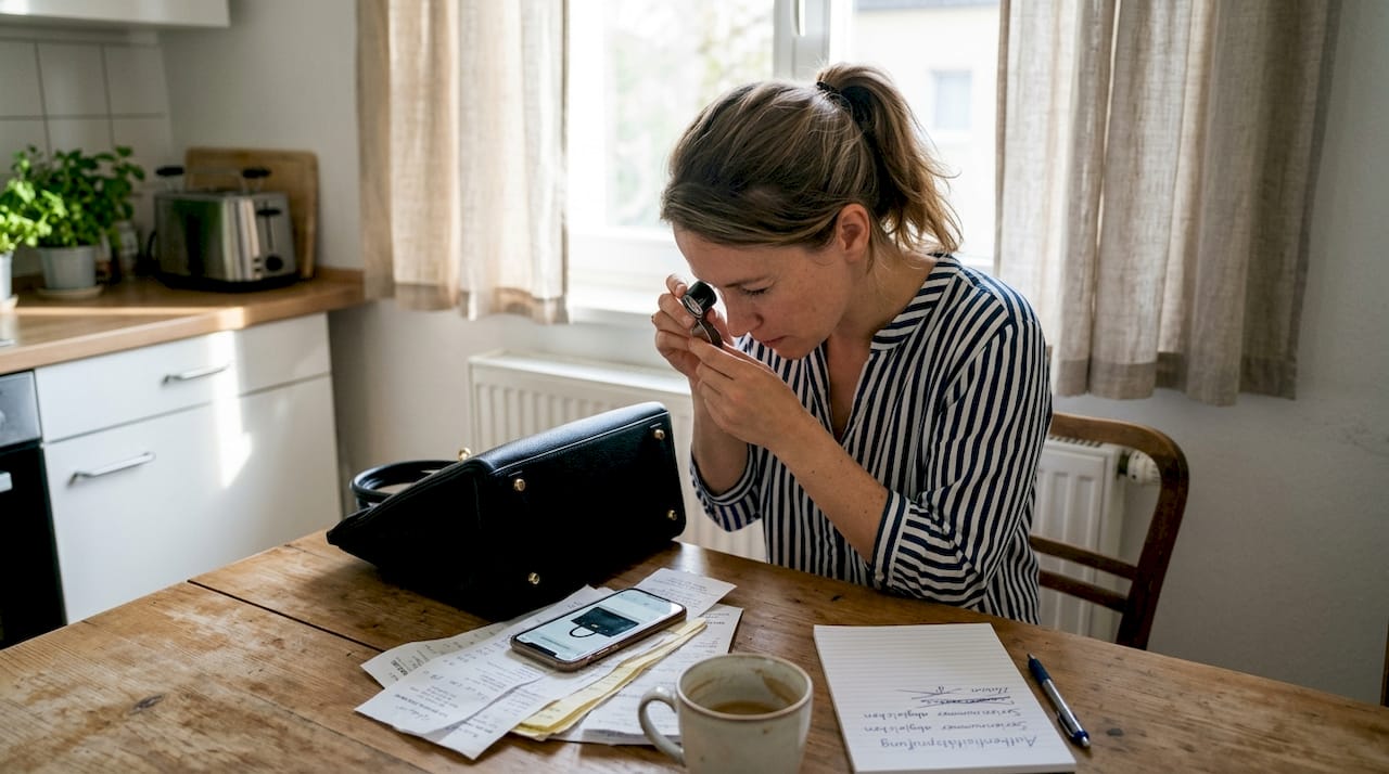 Eine Frau begutachtet ihre Designertasche am Küchentisch.