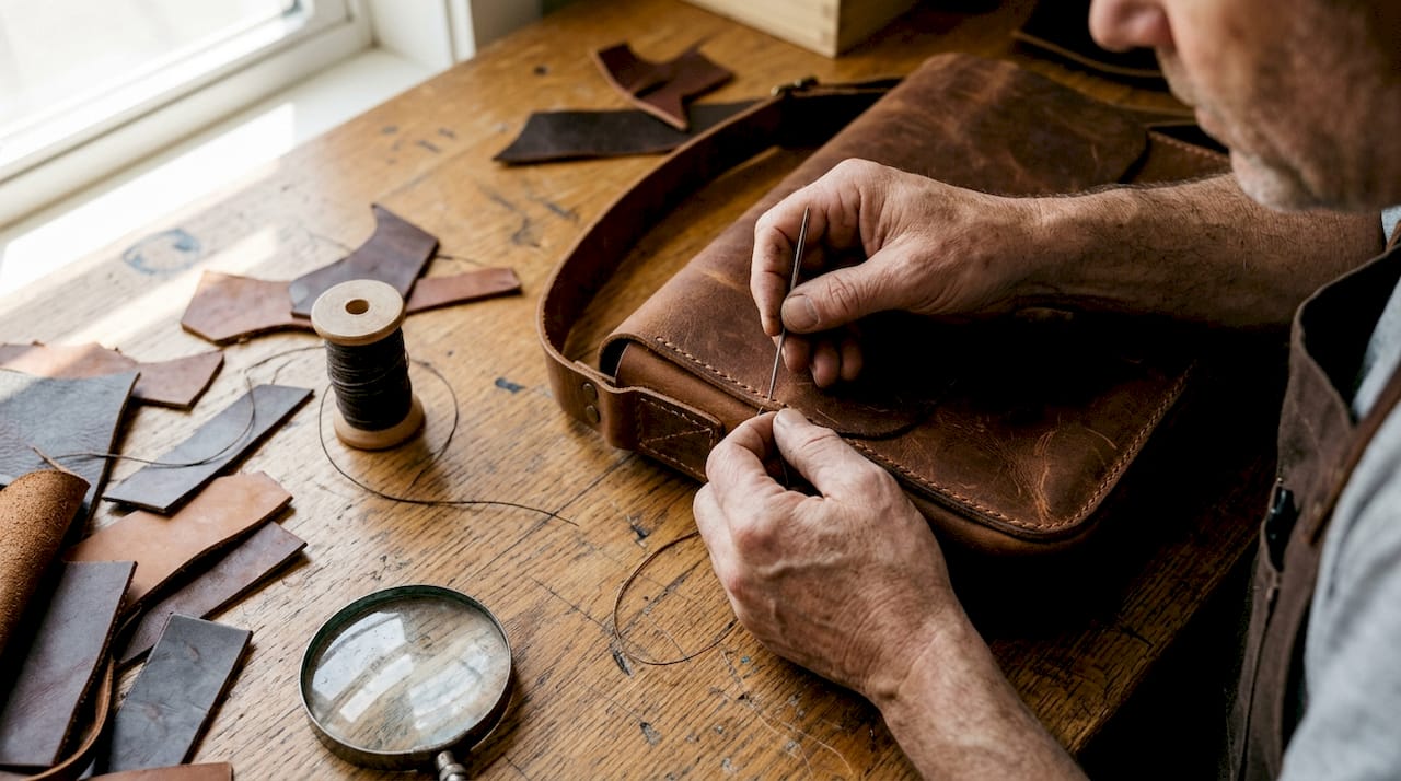 Detailaufnahme: Hände zählen die Maschen einer Tasche