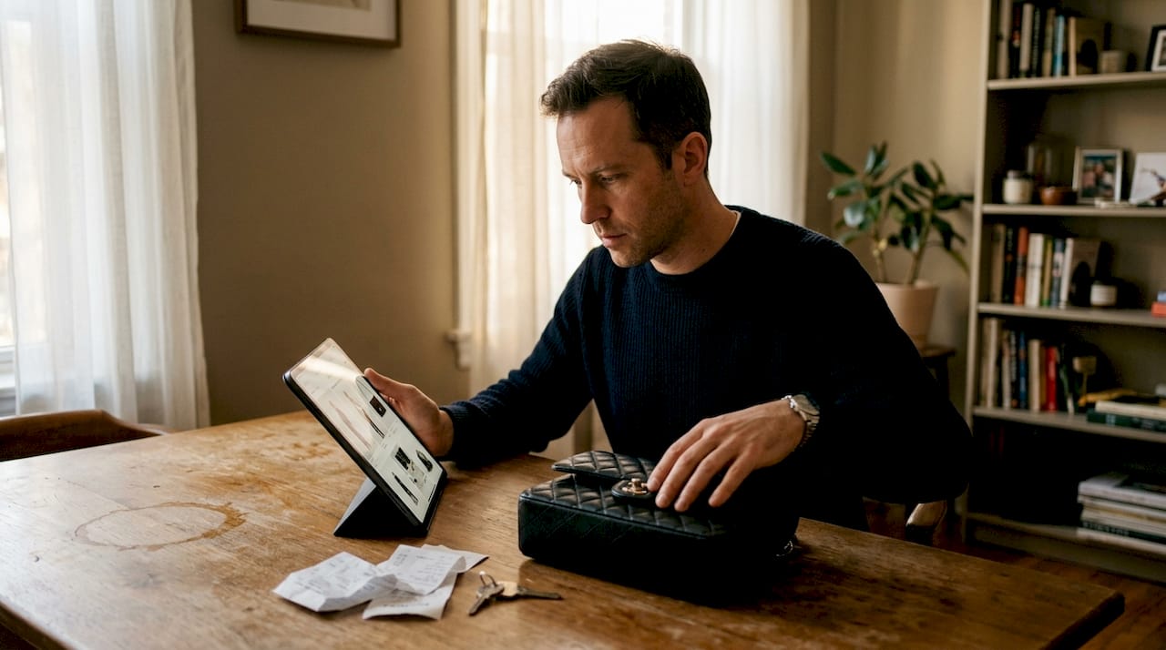 Ein Mann begutachtet eine Luxus-Handtasche und vergleicht sie mit den Fotos aus dem Online-Shop.