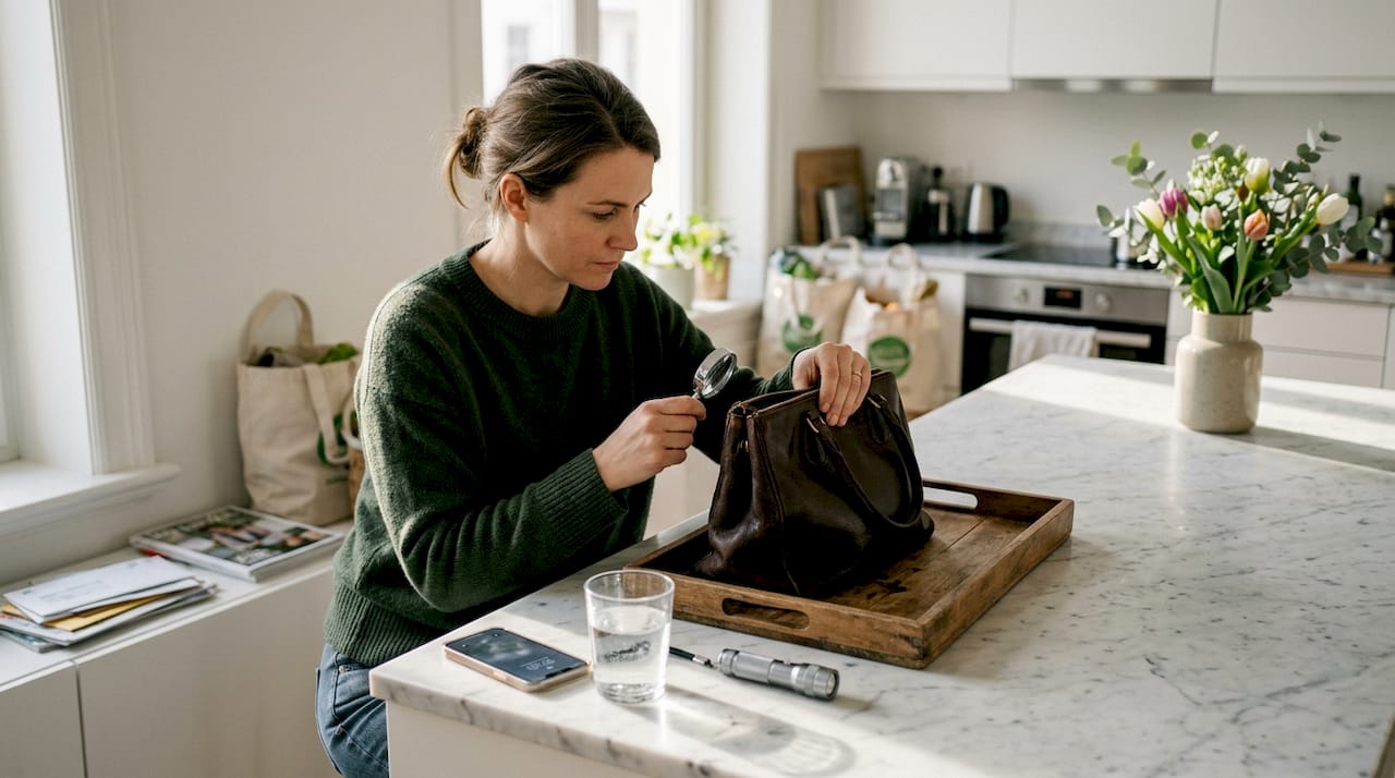 Eine Frau begutachtet zu Hause aufmerksam ihre Designerhandtasche.