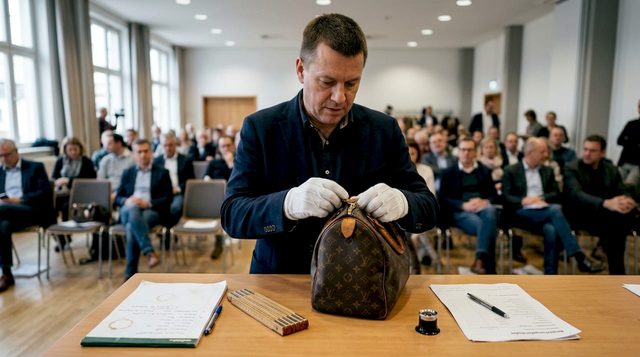 Vor der Versteigerung wird die Tasche eingehend auf Echtheit und Zustand geprüft.