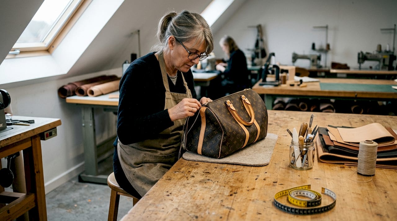 Eine Handwerkerin fertigt an ihrer Werkbank eine Louis Vuitton Tasche an.