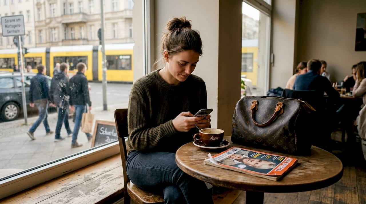 Eine stilbewusste Frau genießt ihren Kaffee im Café – ihre Louis Vuitton Tasche stets an ihrer Seite.