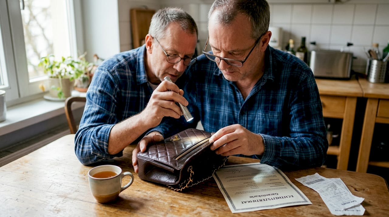Ein Mann prüft am Tisch, ob eine Designertasche echt ist.