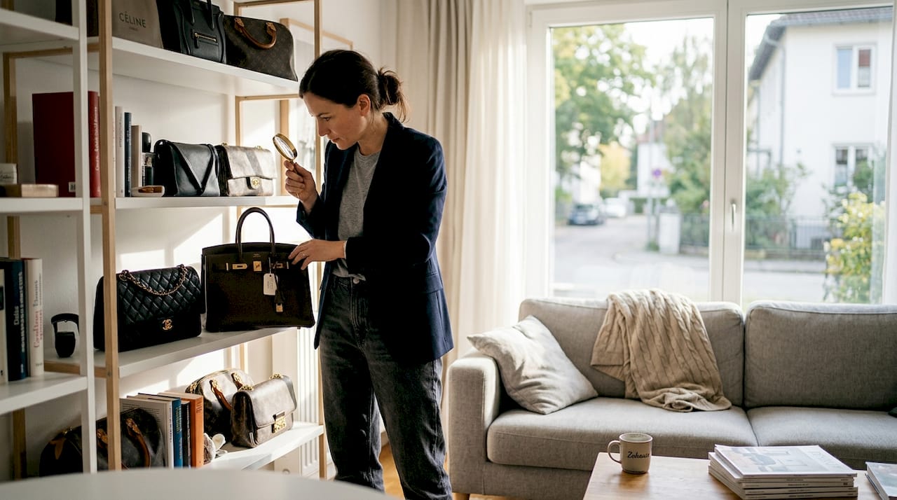 Eine Frau sortiert und ordnet ihre exklusiven Designer-Handtaschen in ihrem Zuhause – alles bekommt seinen festen Platz im begehbaren Kleiderschrank.