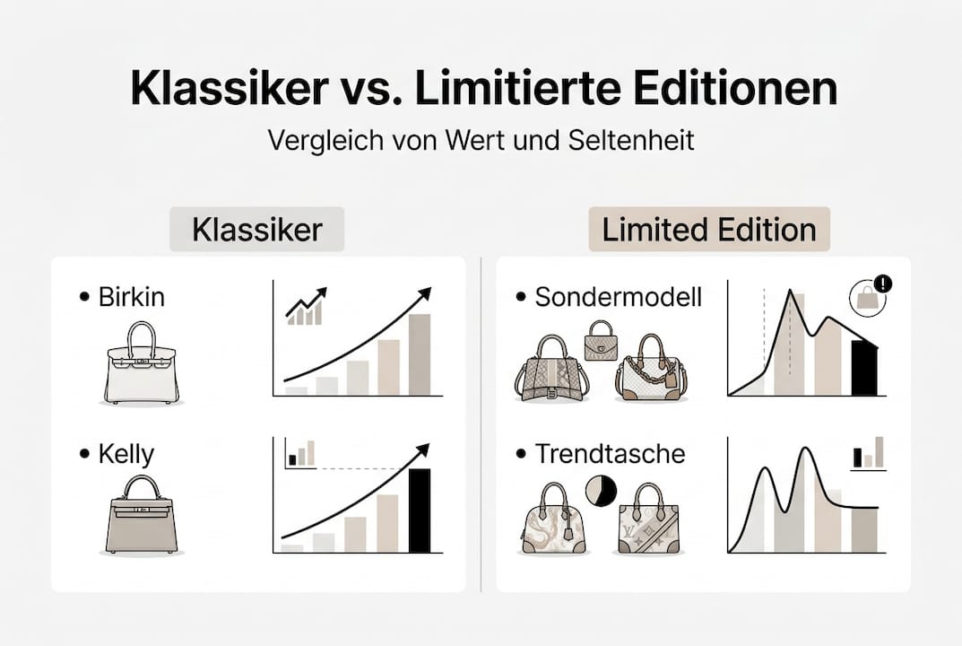 Infografik: Gegenüberstellung klassischer und limitierter Designer-Handtaschen