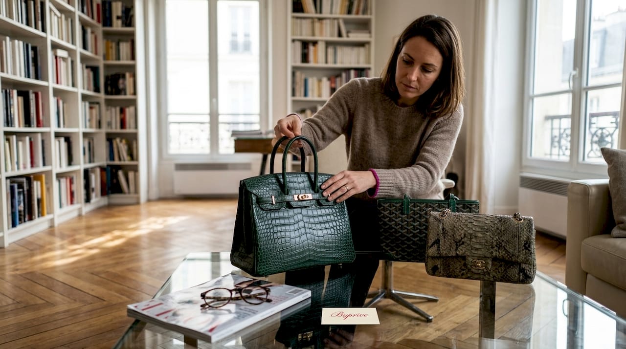 Collector arranging limited edition handbags at home
