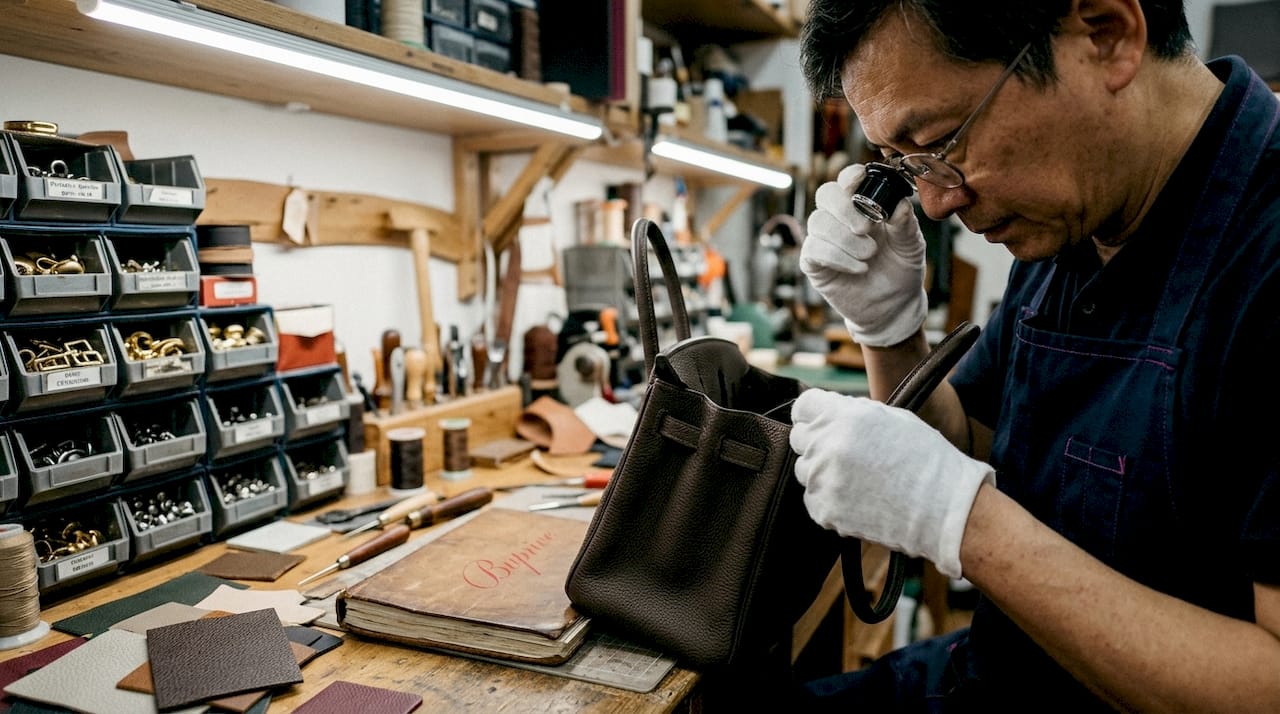 Craftsperson inspecting luxury handbag stitching