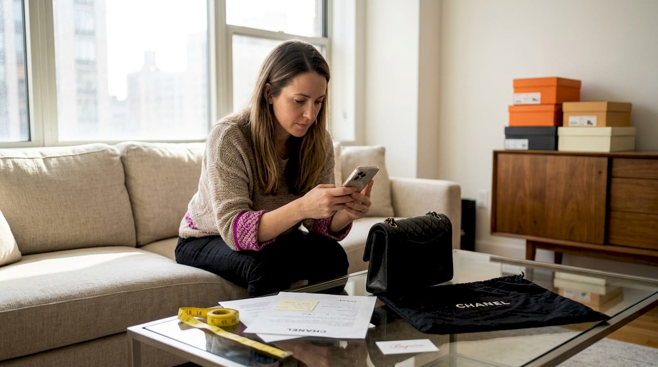 Woman photographing authentic Chanel bag for resale