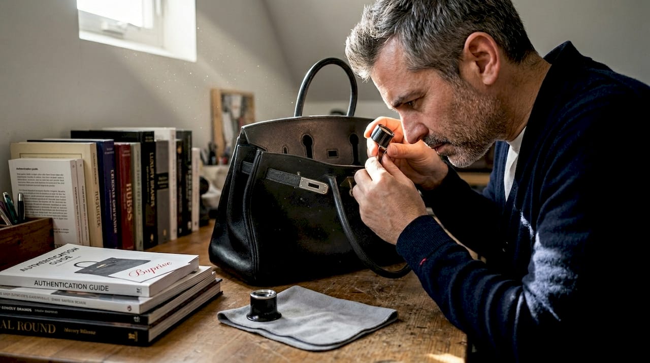 Expert checking authenticity of Hermès Birkin bag
