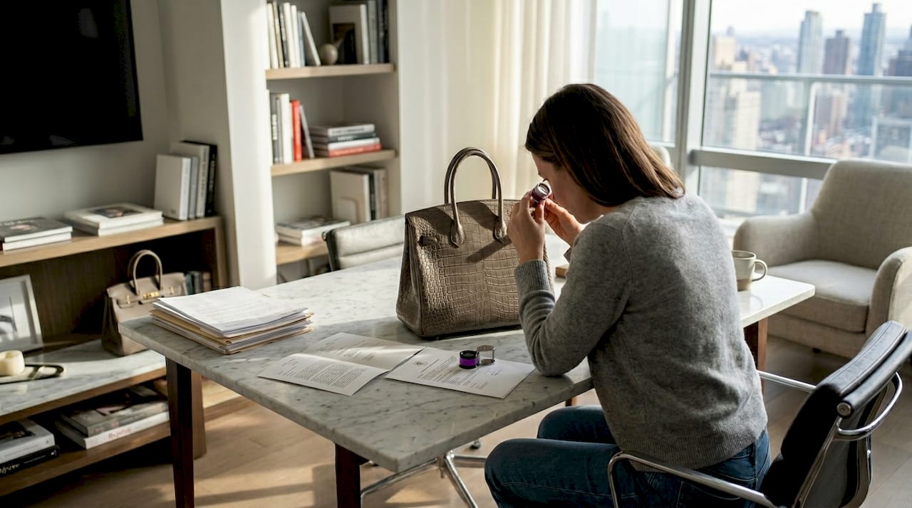 Woman inspecting rare handbag in home study