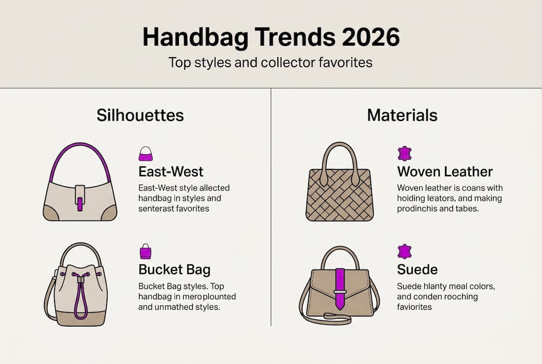 Infographic with 2026 top handbag shapes and materials