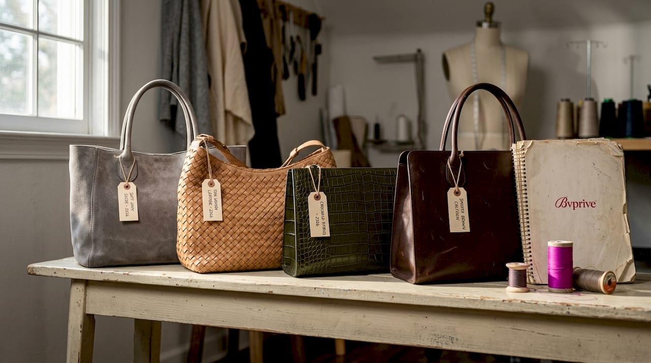 Handbags in suede and woven leather studio scene