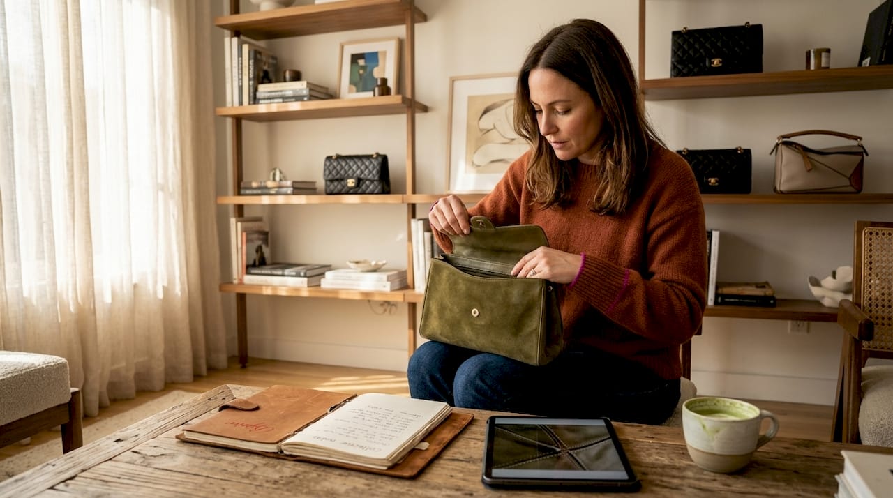 Expert examines vintage luxury handbag in home