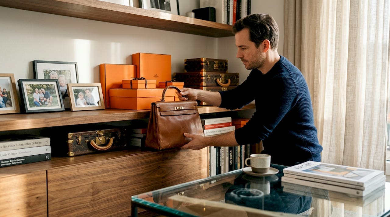 Ein Sammler reiht seine Hermès Kelly Bag stolz im Regal ein.