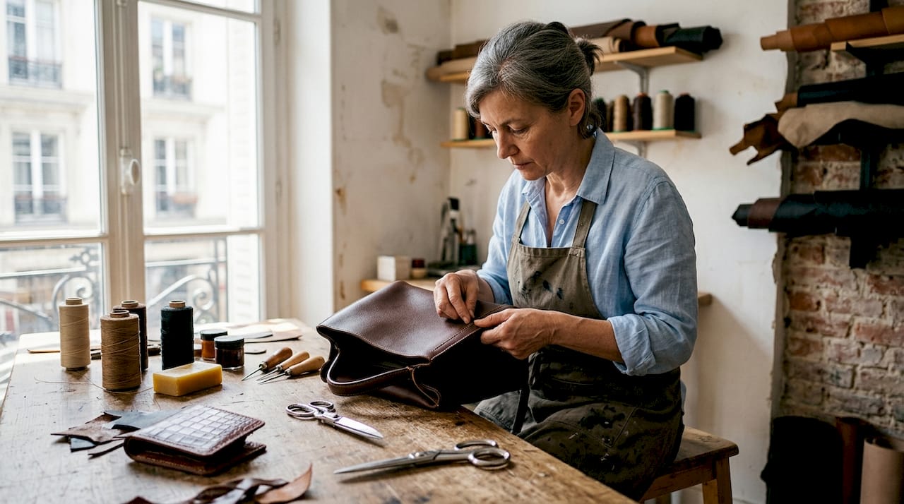 Eine Fachfrau begutachtet eine Luxus-Handtasche an ihrem Werkstatt-Tisch.