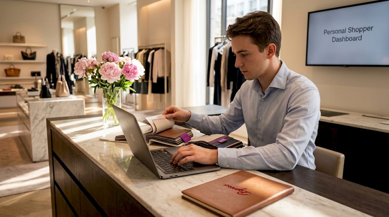 Sales associate uses laptop with client notes in luxury setting