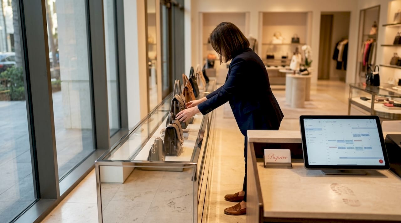 Boutique manager arranging handbags in luxury retail store