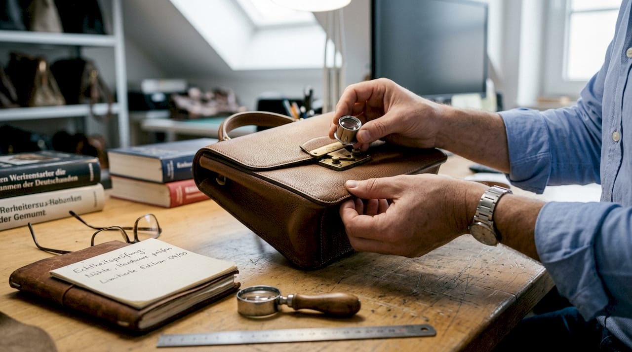 Sorgfältige Hände prüfen die feinen Details einer Luxushandtasche ganz genau.