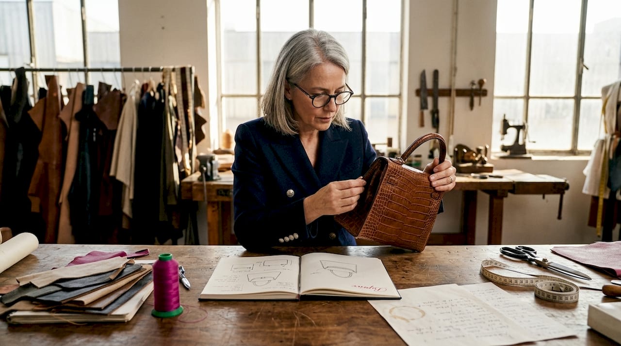 Designer inspecting luxury handbag authenticity