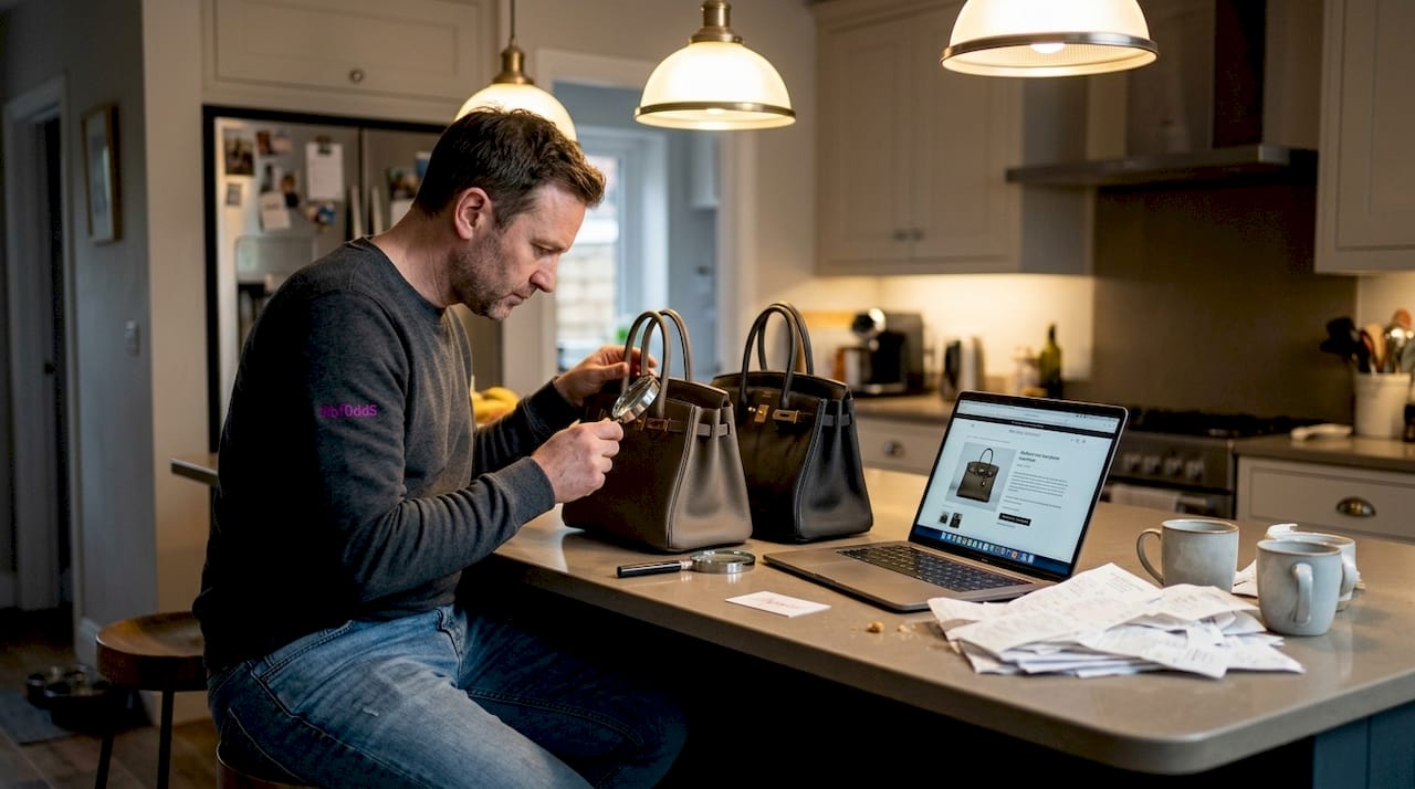 Collector comparing real and superfake handbags