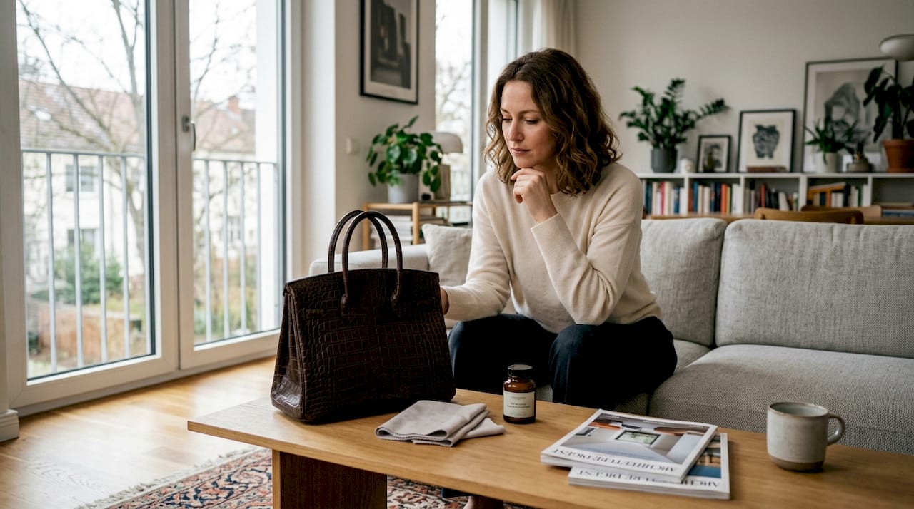 Im Wohnzimmer bewundert eine Frau eine ausgefallene Ledertasche.
