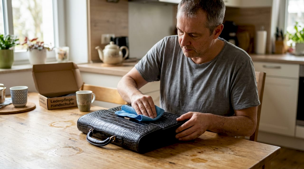 Ein Mann pflegt seine Krokodilledertasche sorgfältig auf einem Tisch aus Eichenholz.