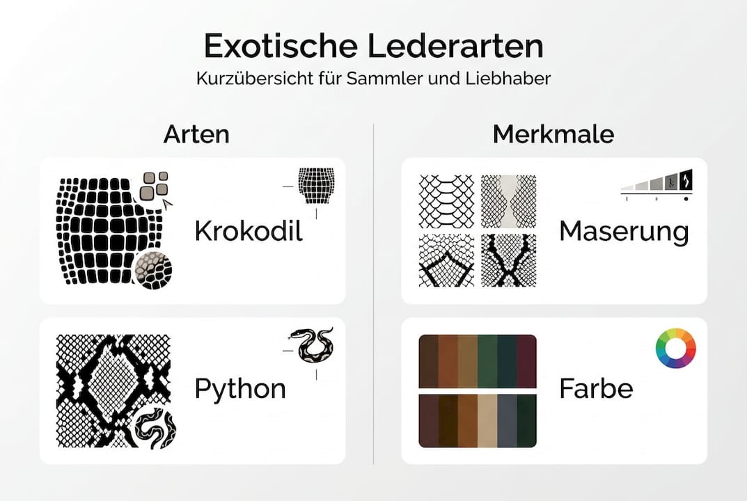 Diese Infografik bietet einen Überblick über verschiedene exotische Lederarten und ihre charakteristischen Eigenschaften.