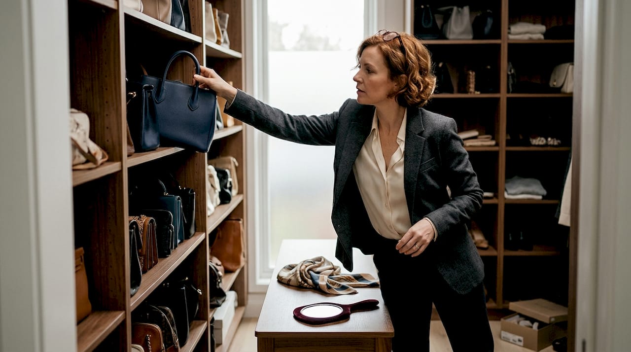 Eine stilbewusste Frau mit einem Faible für königliche Eleganz sucht sich eine edle Handtasche aus.