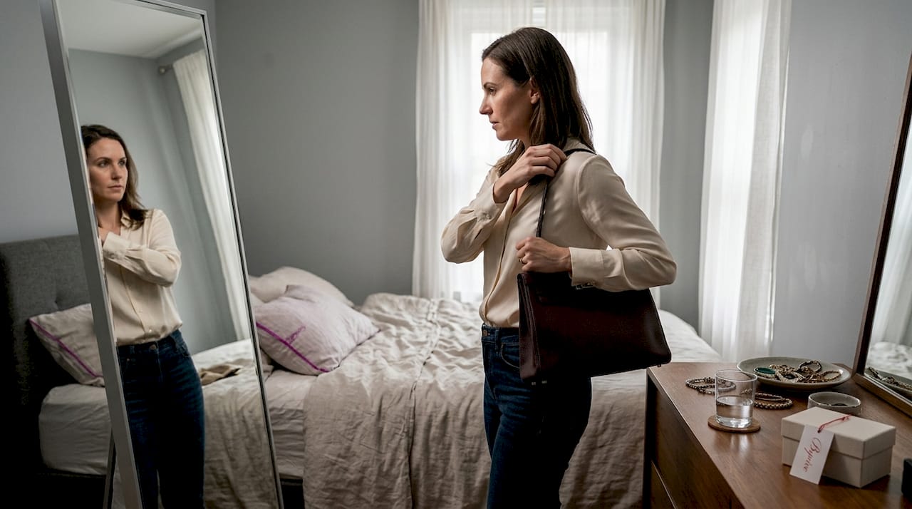 Woman adjusts unique handbag in home bedroom
