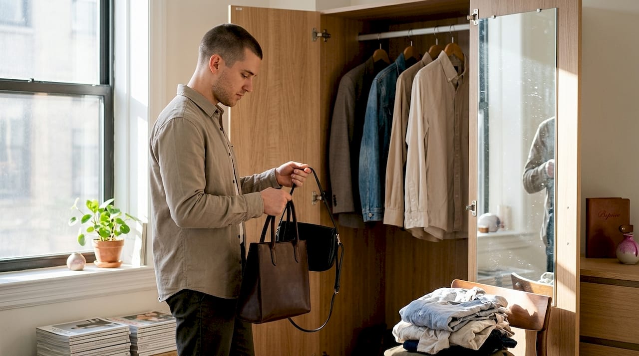 Person selects handbag from home wardrobe