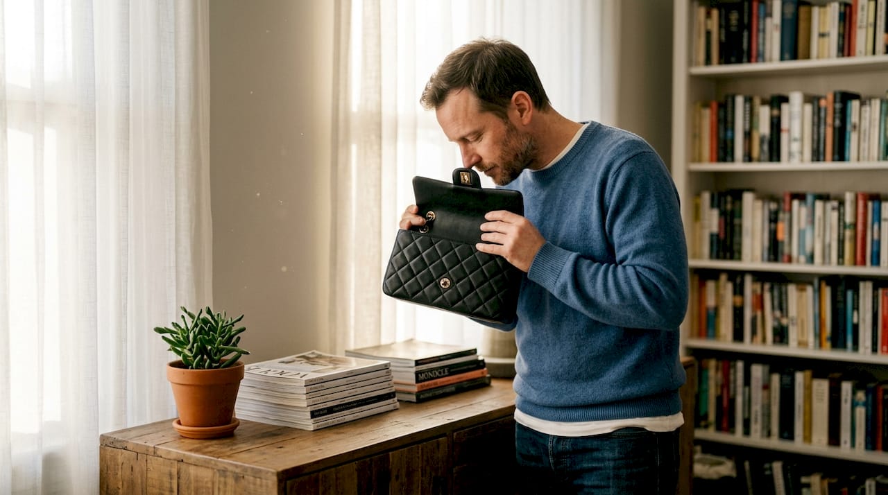 Um sicherzugehen, dass die Chanel-Tasche echt ist, schnuppert ein Mann am Innenfutter – denn echte Taschen haben ihren ganz eigenen Geruch.