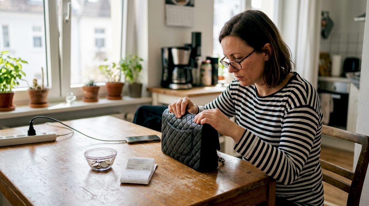 Eine Frau begutachtet ihre Chanel-Handtasche, die auf dem Küchentisch liegt.