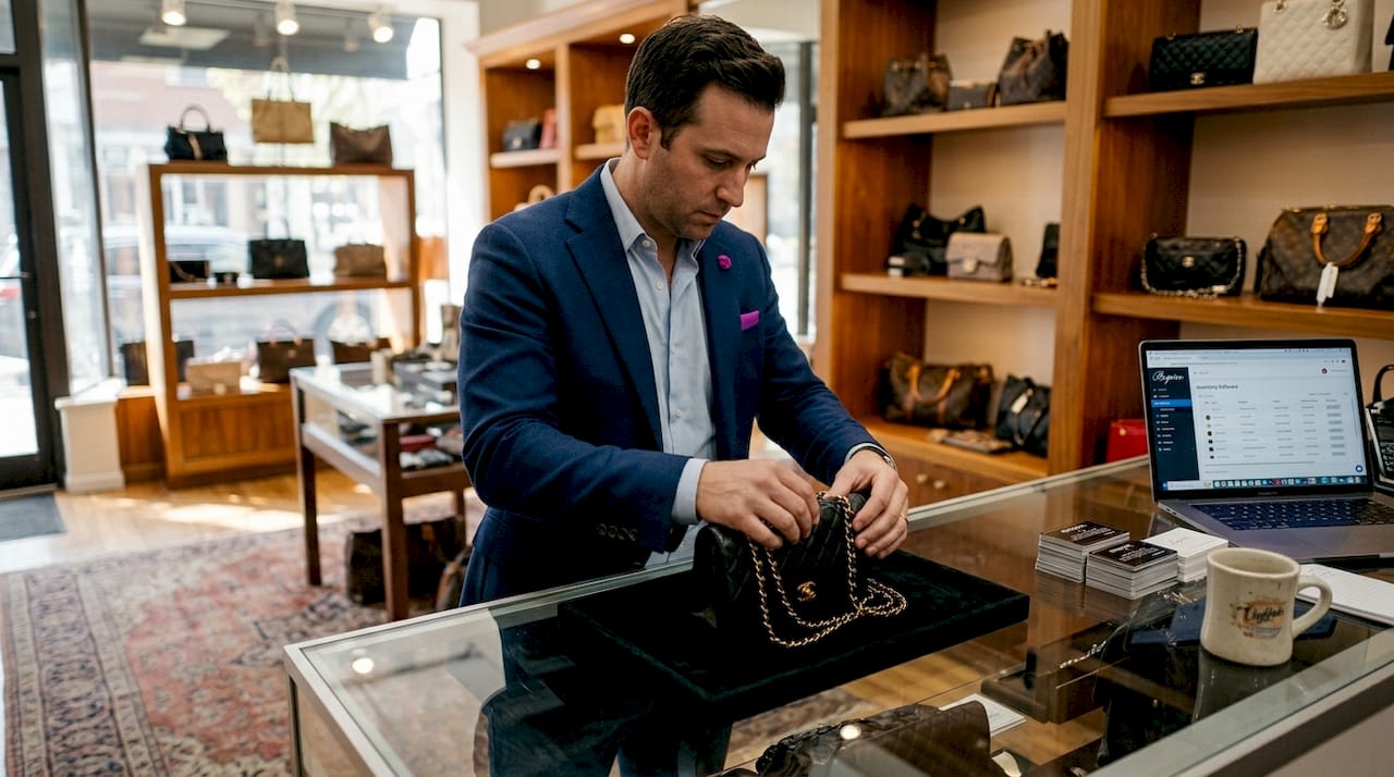 Shop owner arranging rare Chanel bag display
