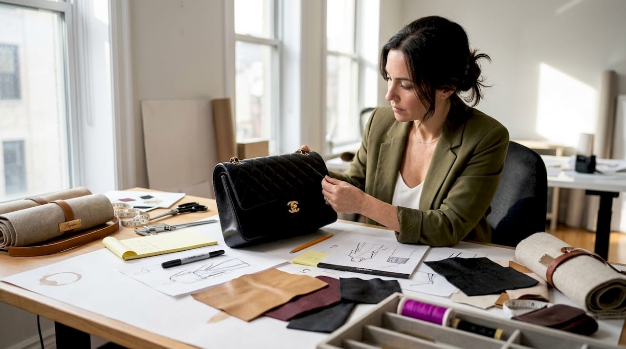 Designer examining limited-edition Chanel bag