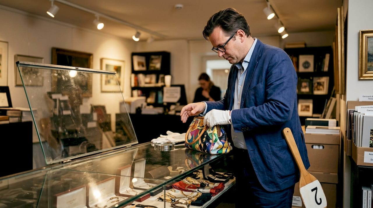 Ein Interessent begutachtet eine Handtasche auf einer Auktion.