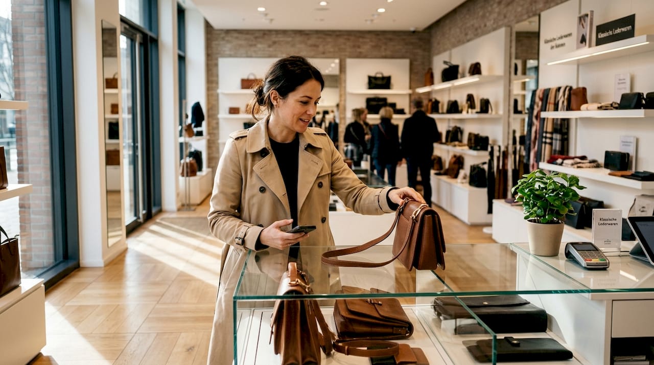Eine Kundin begutachtet eine klassische Handtasche in einem stilvollen Geschäft.